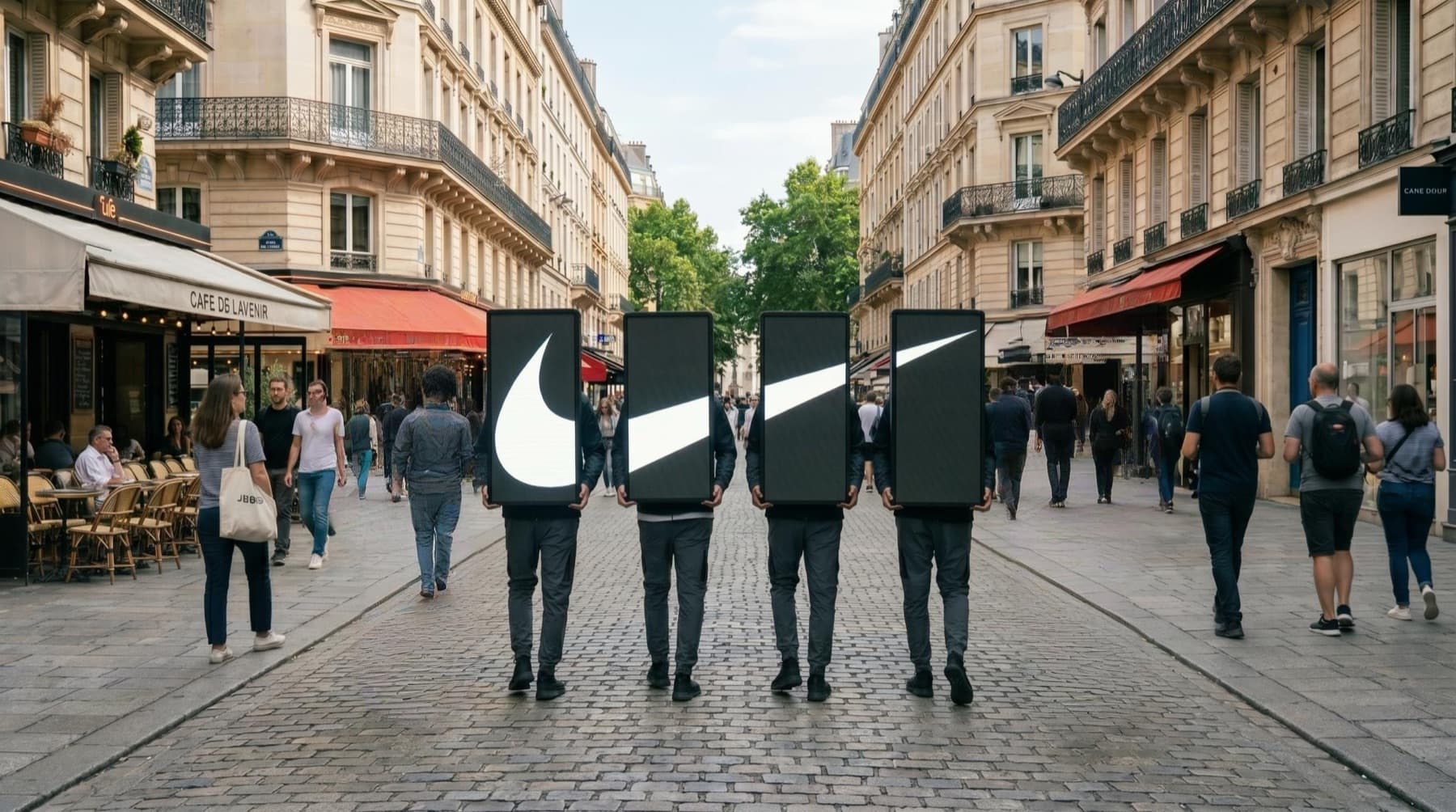Quatre Spotwalkers alignés dans une rue parisienne, leurs écrans recomposant un visuel monumental