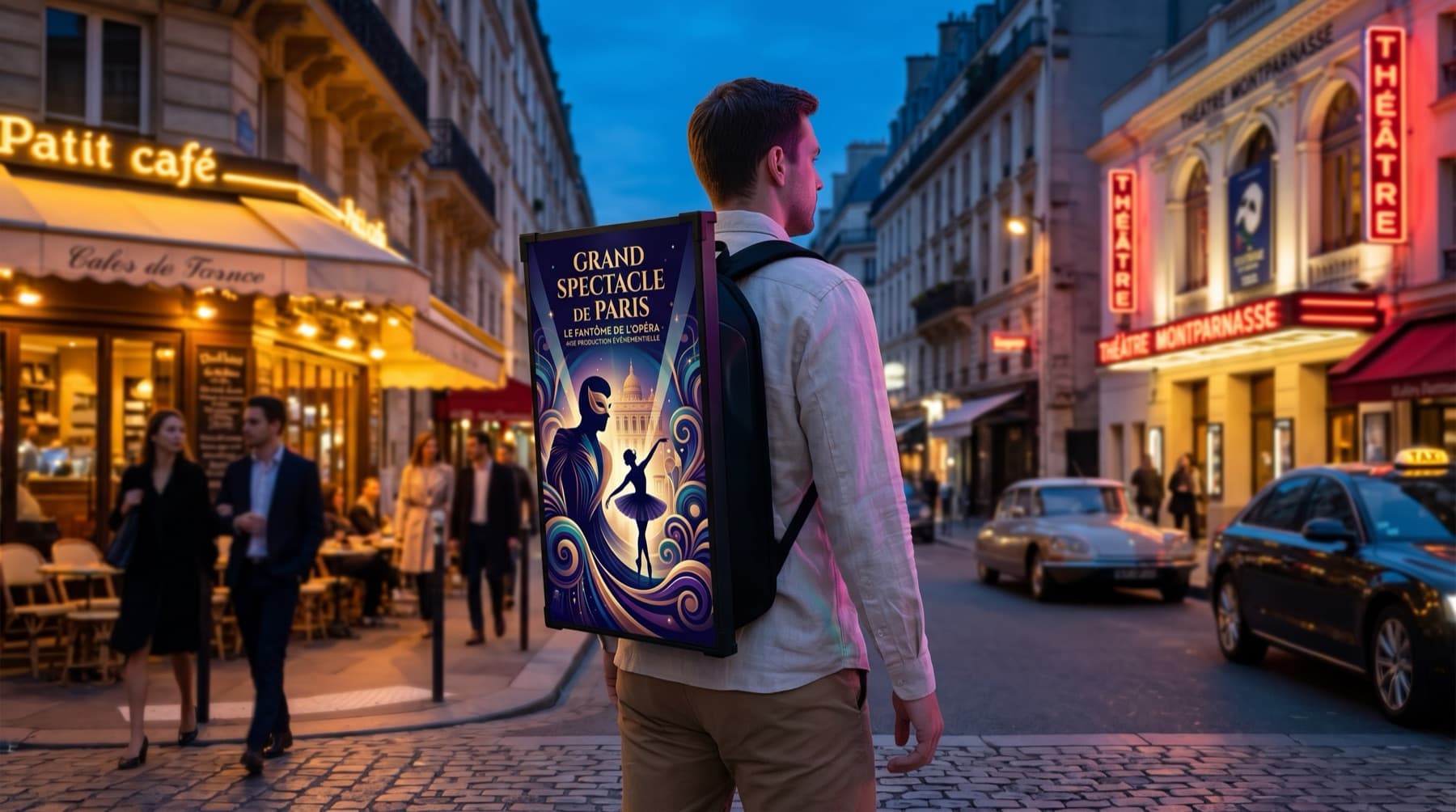 Spotwalker diffusant l'affiche d'un spectacle parisien sur son sac à dos LED
