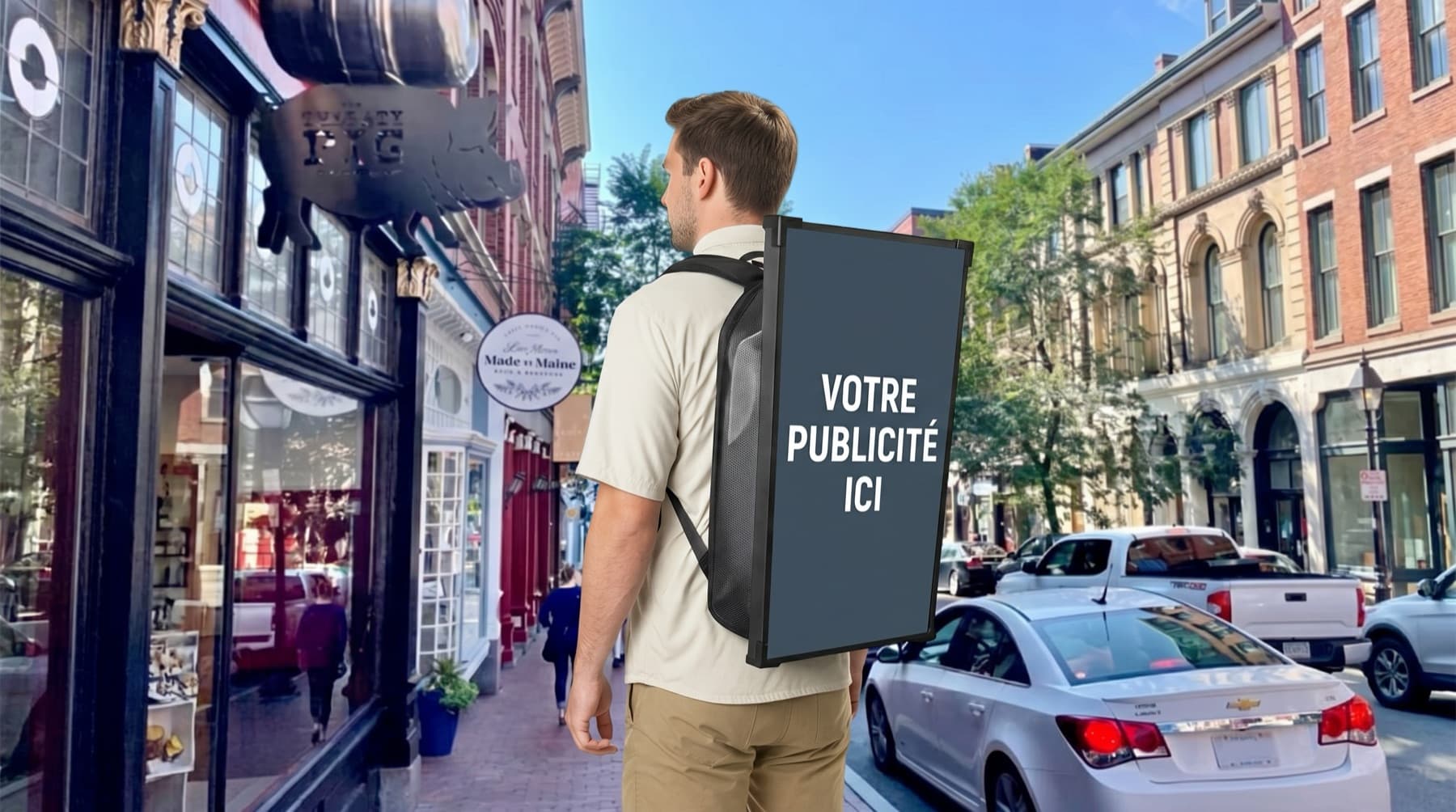 Spotwalker portant un sac à dos à écran LED affichant « Votre publicité ici »
